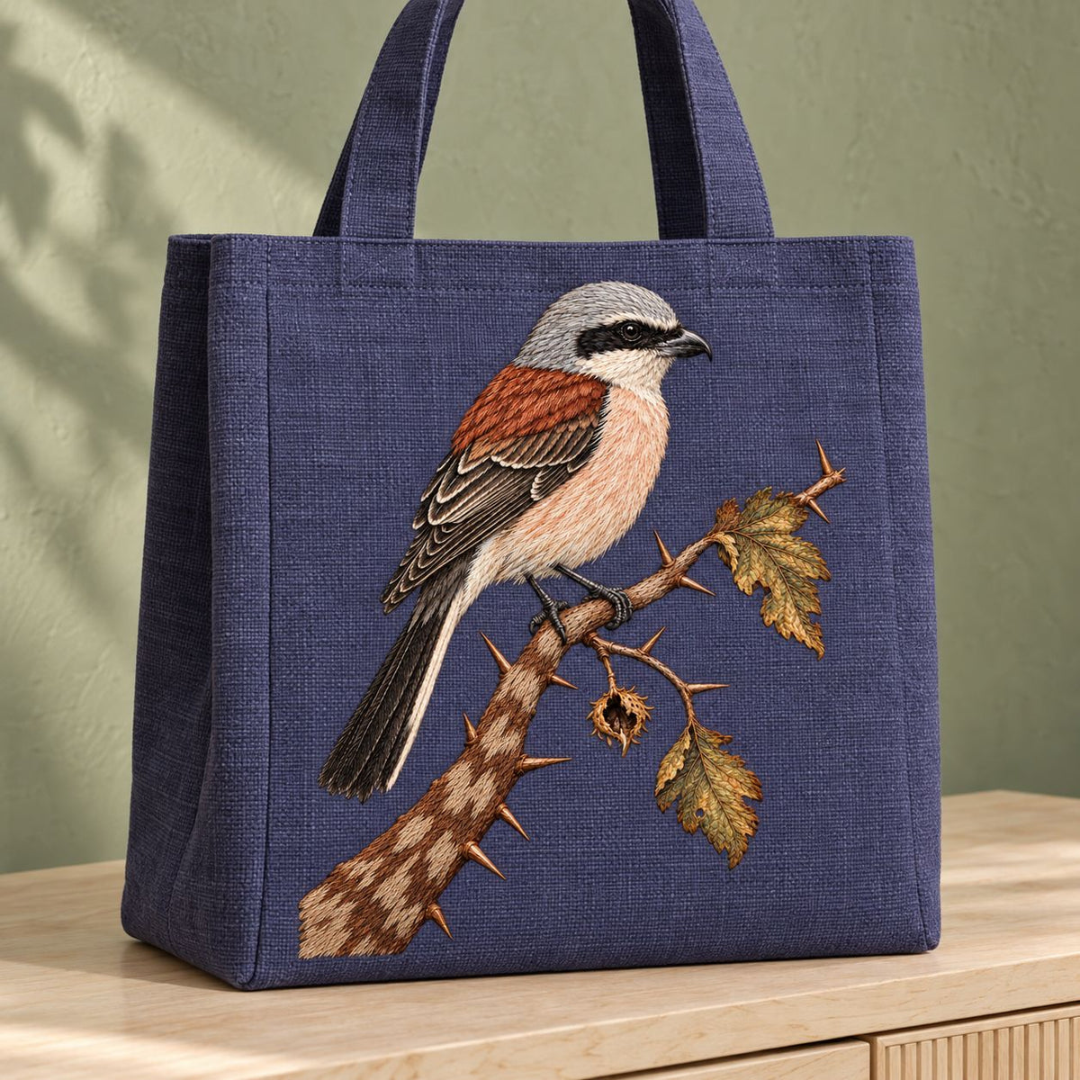 Shrike at the Thorned Boundary visual mockup shown on the front of a structured linen tote, with the design on slate-plum linen.