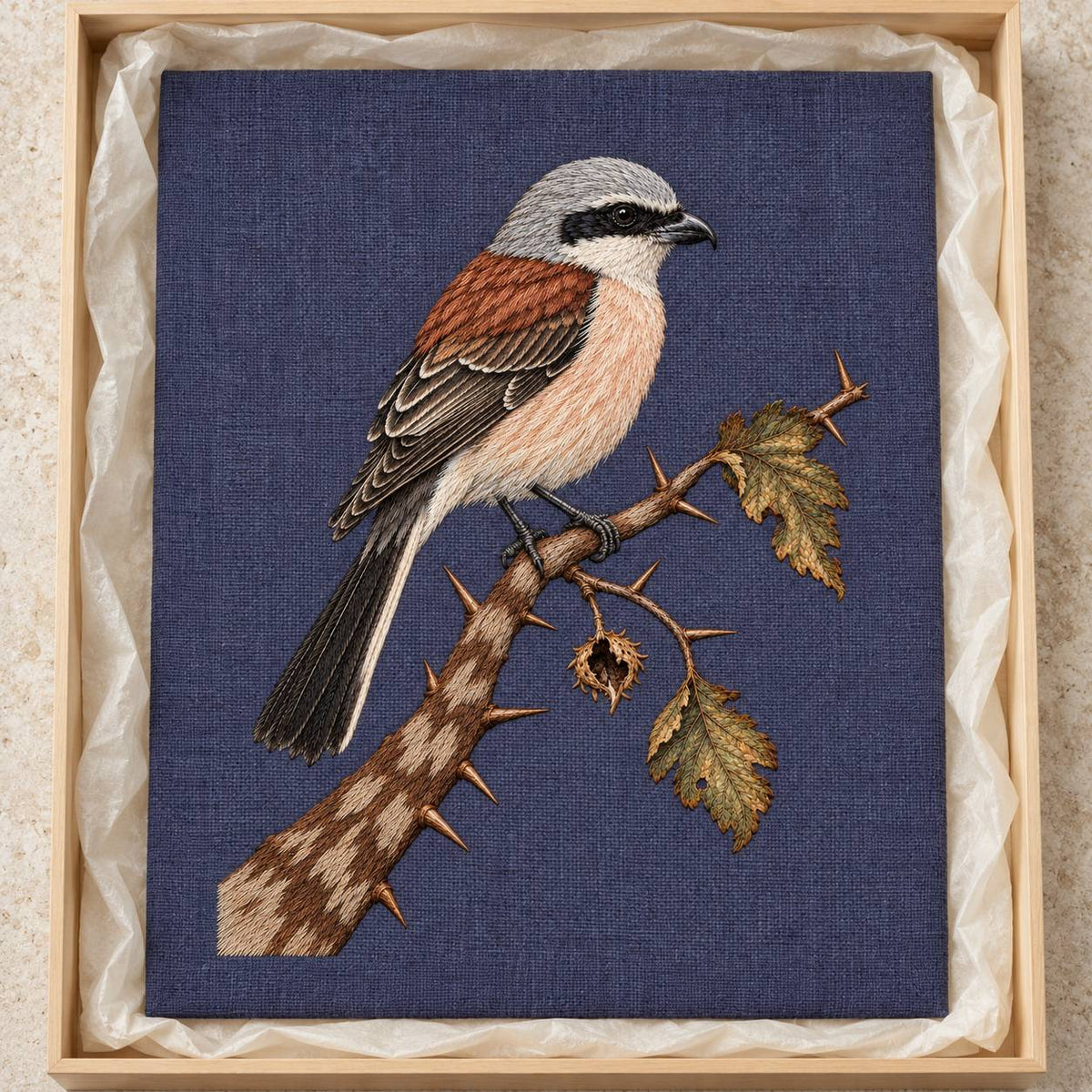 Shrike at the Thorned Boundary visual mockup shown as a textile panel in a collection tray, with the design on slate-plum linen.