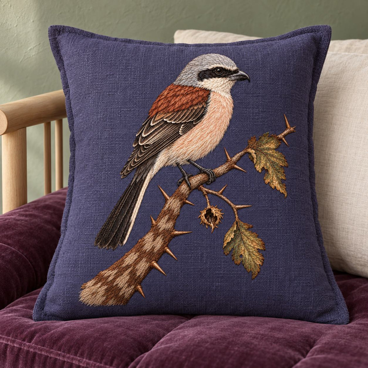 Shrike at the Thorned Boundary visual mockup shown on a cushion beside a window, with the design on slate-plum linen.