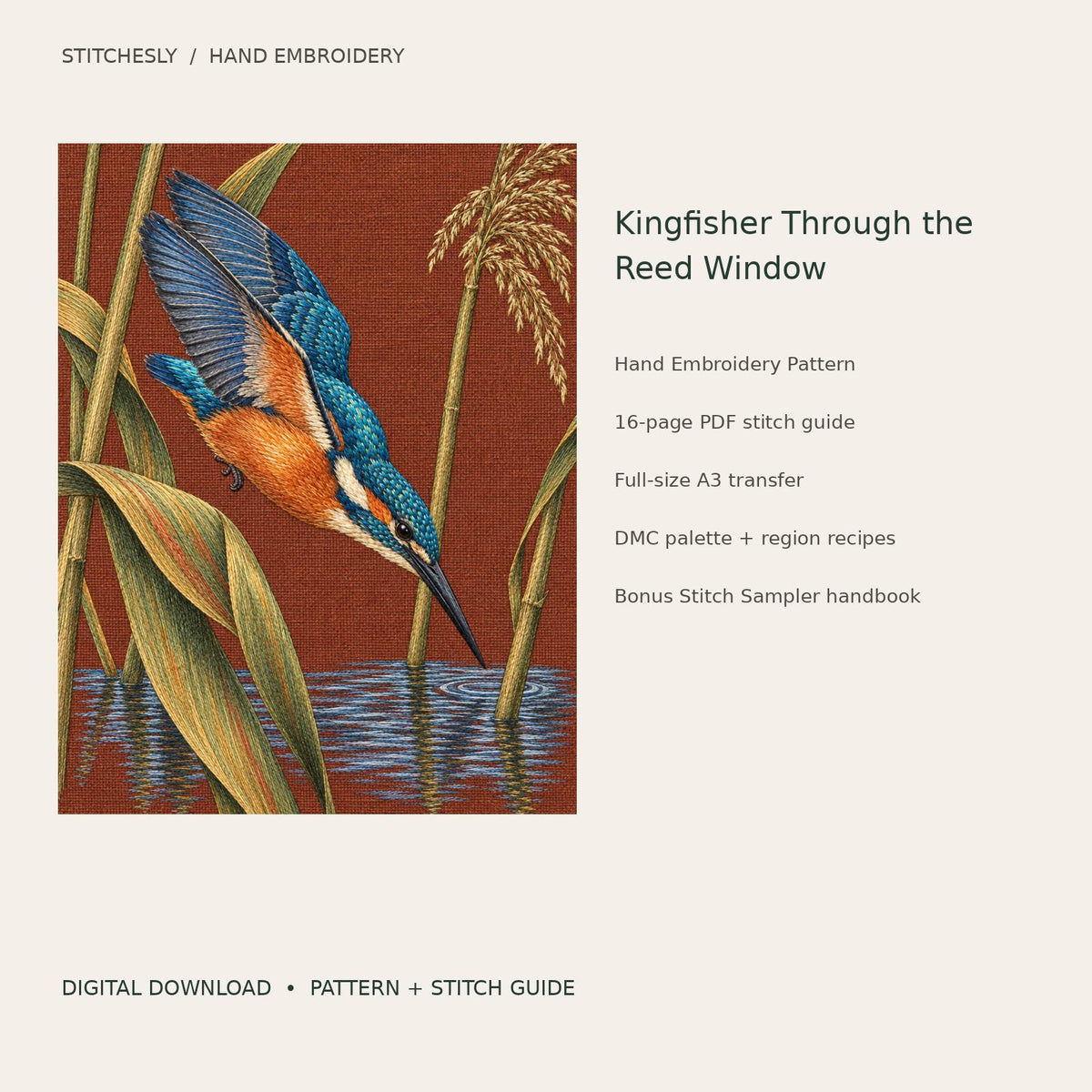 Kingfisher Through the Reed Window: digital hand embroidery pattern cover with artwork and included files