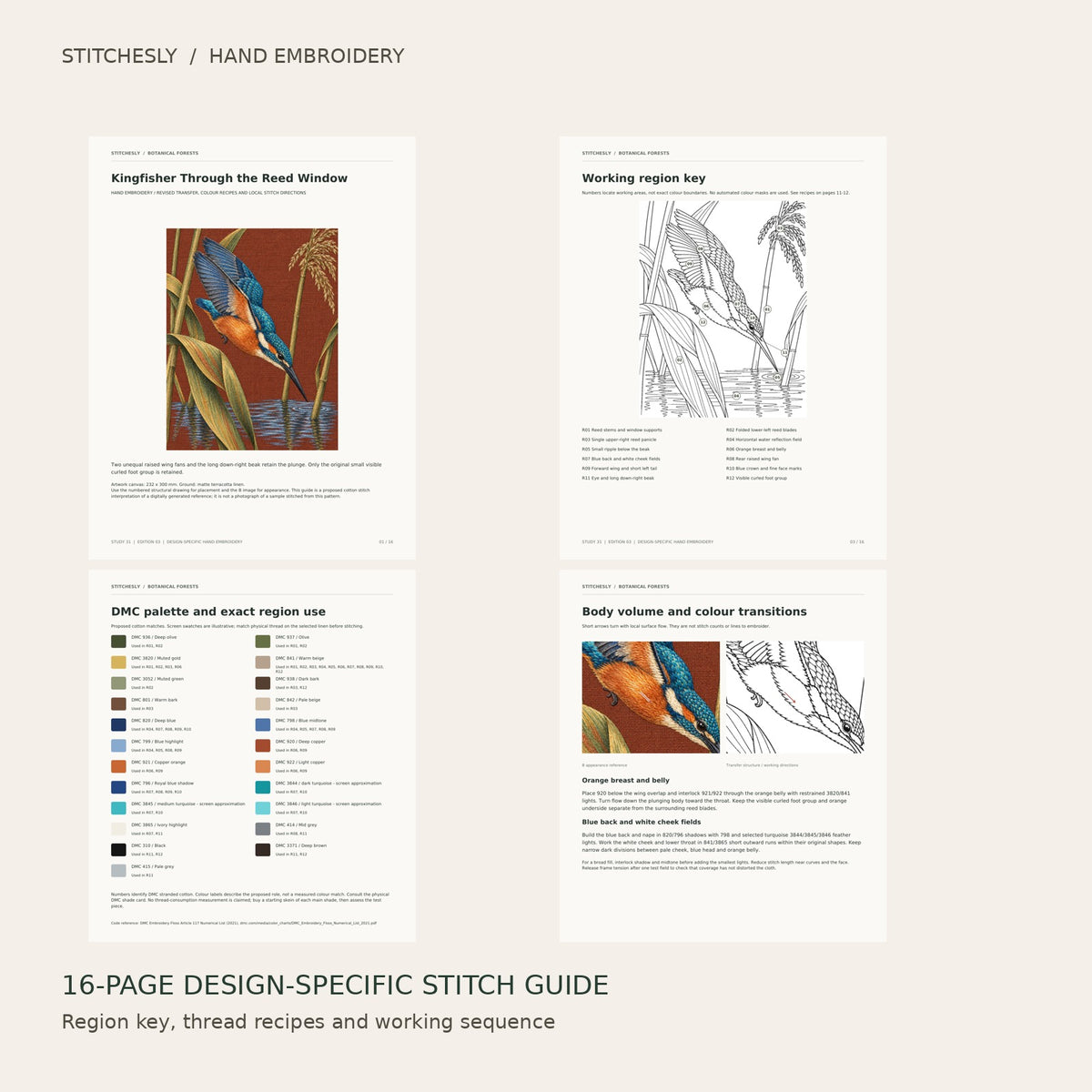 Kingfisher Through the Reed Window: preview of the 16-page stitch guide, region key, DMC palette and stitching instructions