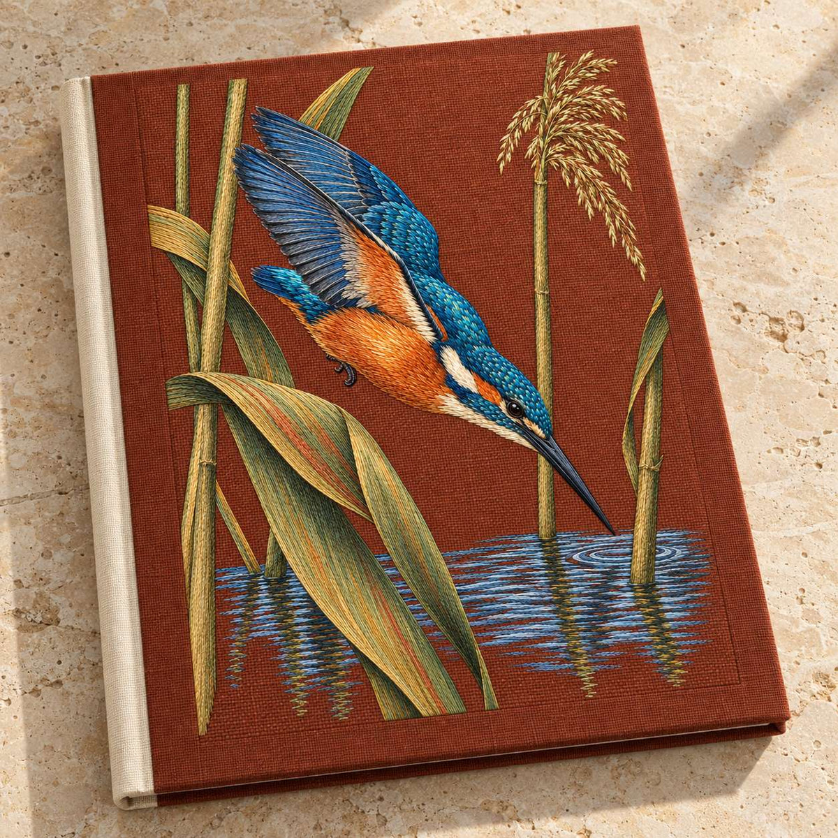 Kingfisher Through the Reed Window visual mockup shown on a cloth portfolio cover, with the design on terracotta linen.