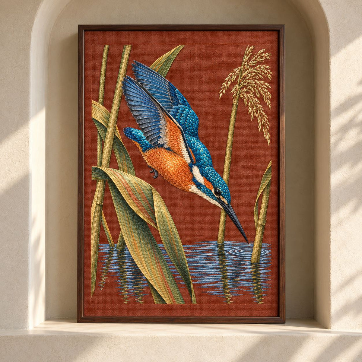 Kingfisher Through the Reed Window visual mockup shown as a framed textile in a gallery niche, with the design on terracotta linen.