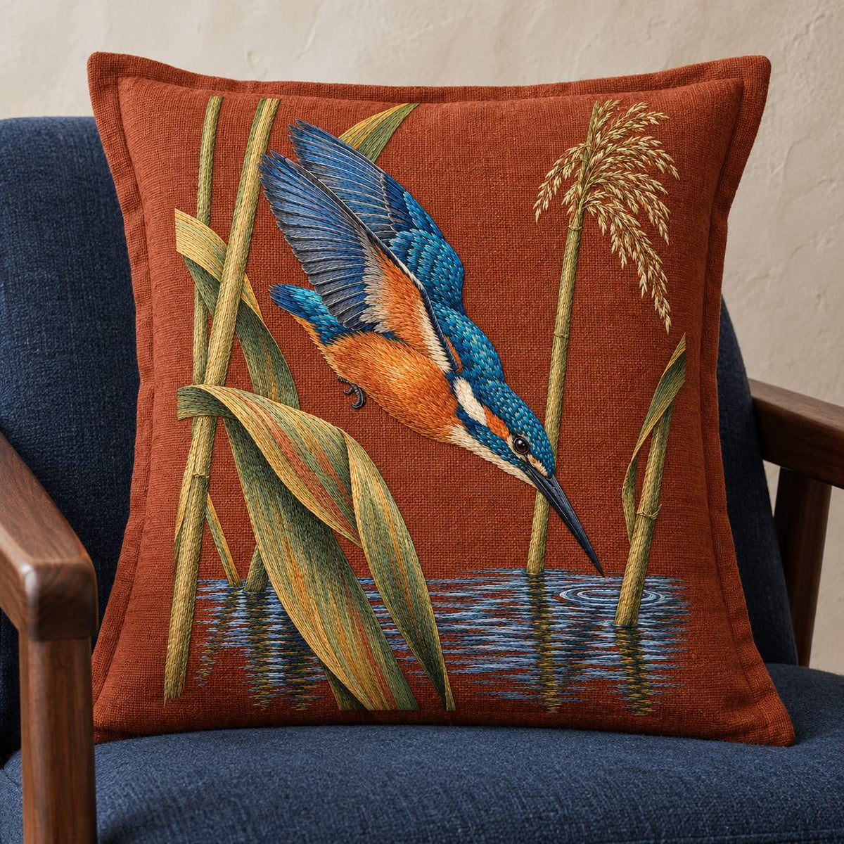 Kingfisher Through the Reed Window visual mockup shown on a cushion in a lounge chair, with the design on terracotta linen.