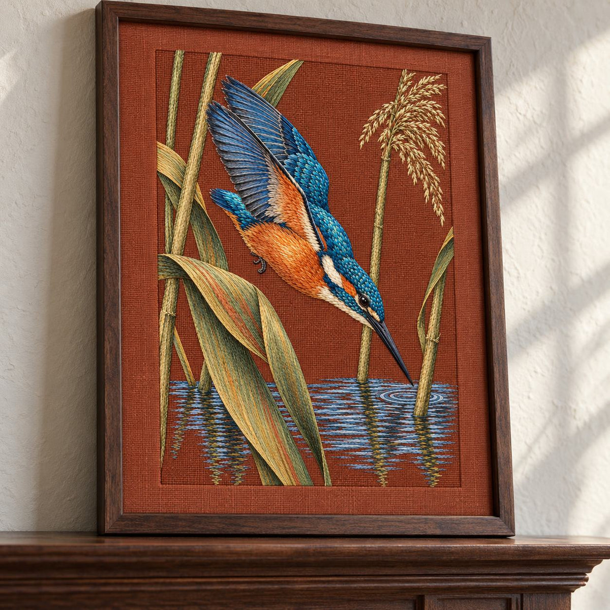 Kingfisher Through the Reed Window visual mockup shown in a frame leaning on a mantel, with the design on terracotta linen.