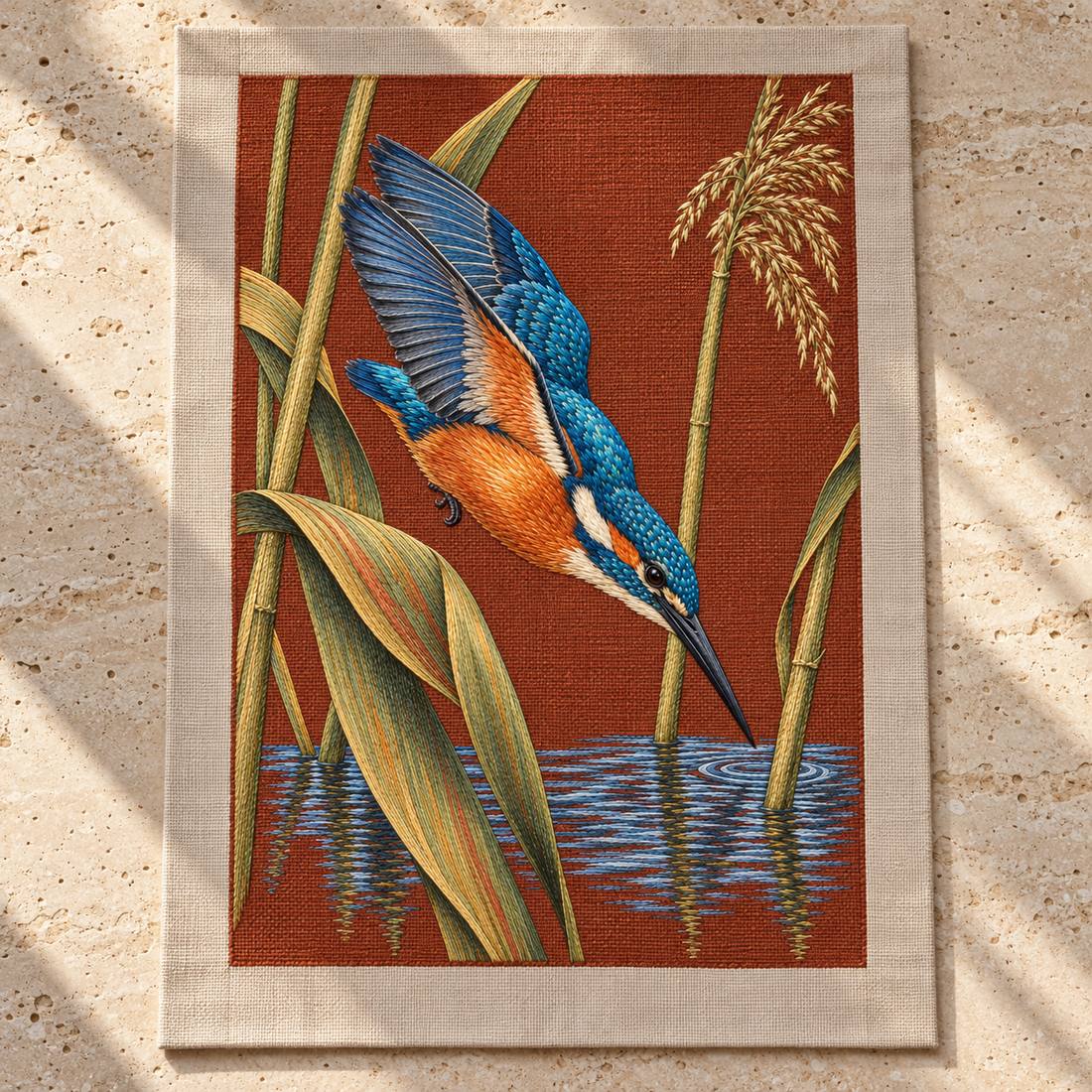 Kingfisher Through the Reed Window visual mockup shown as a textile panel on a stone platform, with the design on terracotta linen.