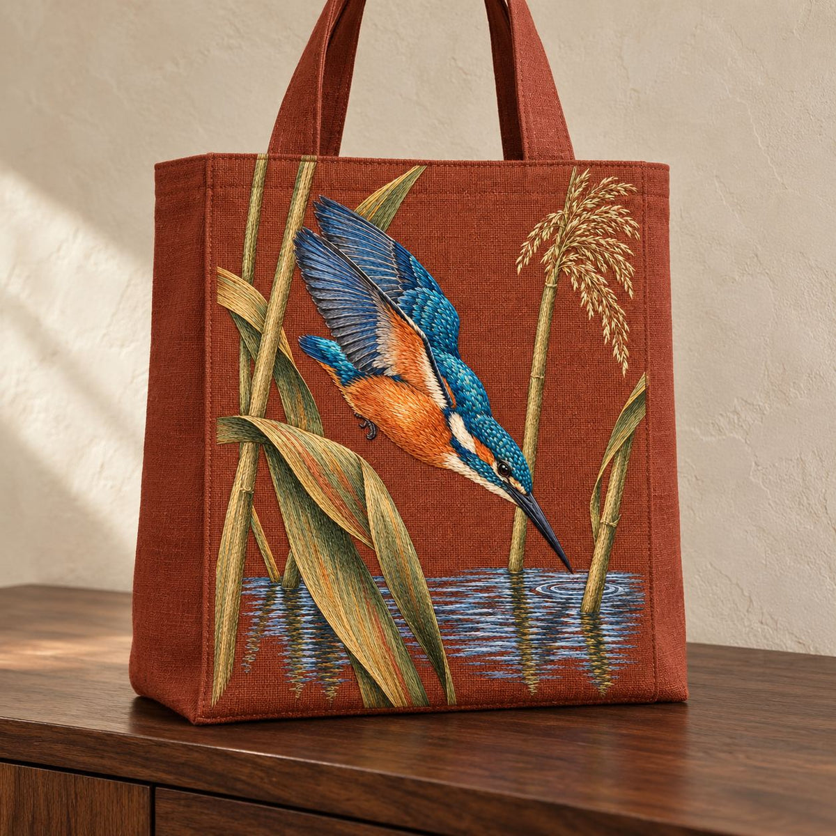 Kingfisher Through the Reed Window visual mockup shown on the front of a structured linen tote, with the design on terracotta linen.