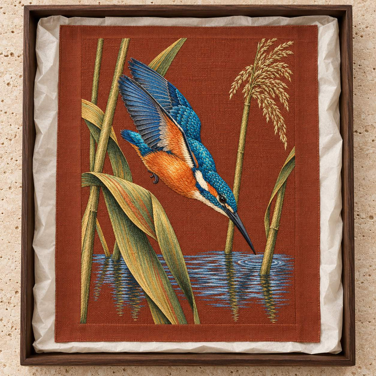 Kingfisher Through the Reed Window visual mockup shown as a textile panel in a collection tray, with the design on terracotta linen.