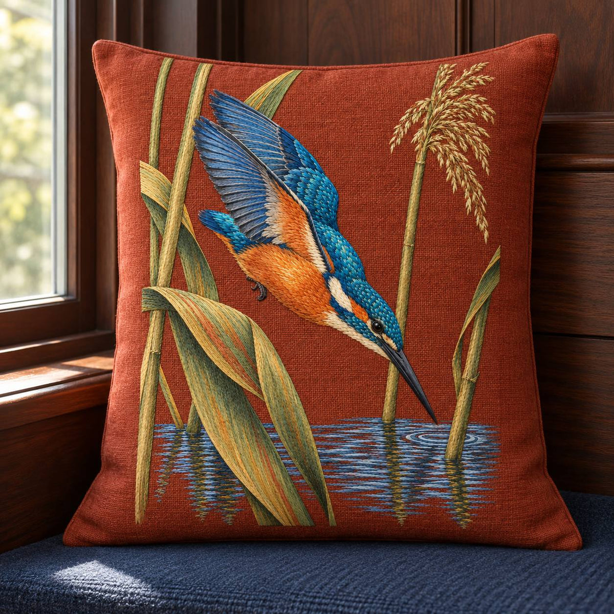 Kingfisher Through the Reed Window visual mockup shown on a cushion beside a window, with the design on terracotta linen.