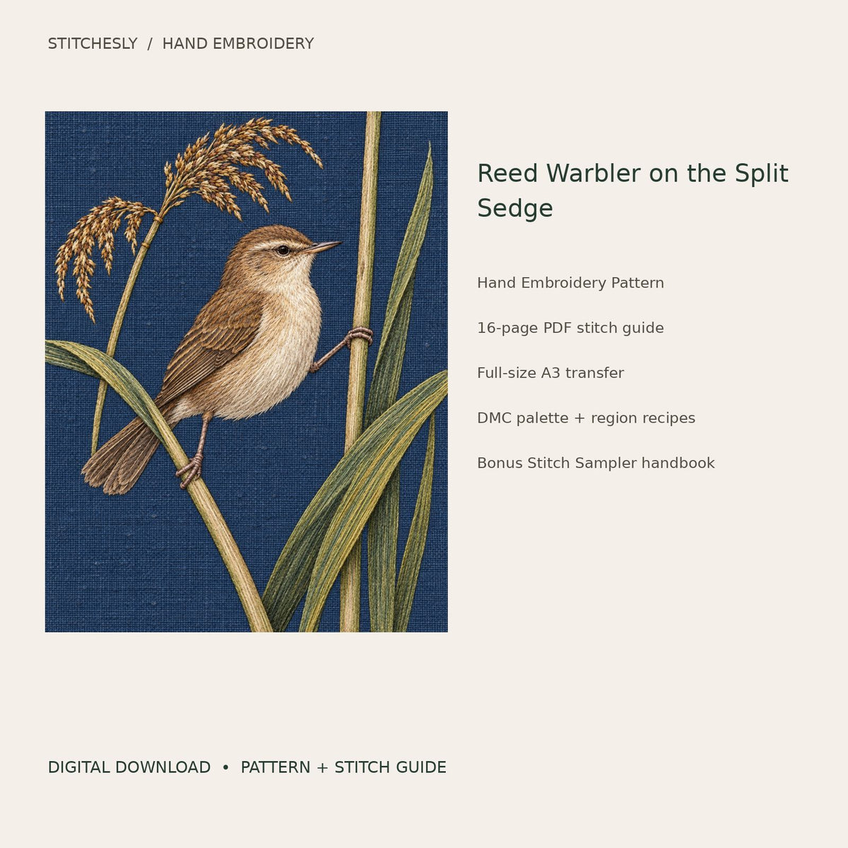 Reed Warbler on the Split Sedge: digital hand embroidery pattern cover with artwork and included files