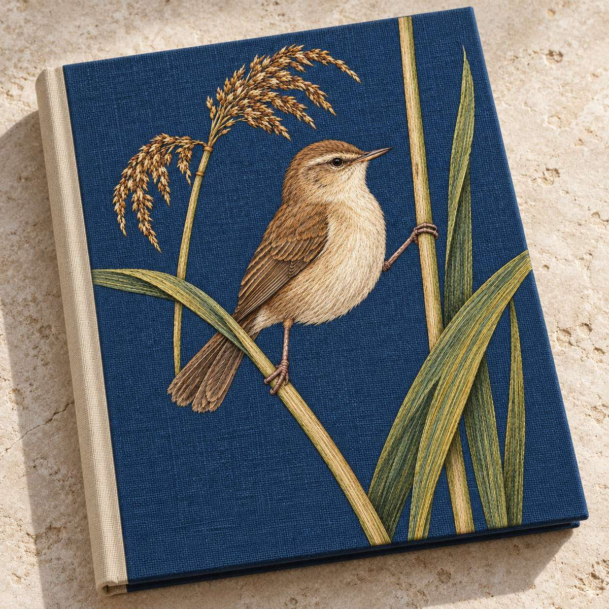 Reed Warbler on the Split Sedge visual mockup shown on a cloth portfolio cover, with the design on muted blue linen.