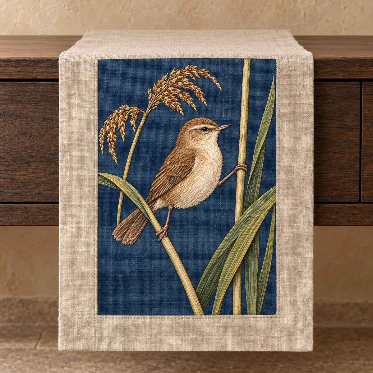 Reed Warbler on the Split Sedge visual mockup shown on a textile runner over a console, with the design on muted blue linen.