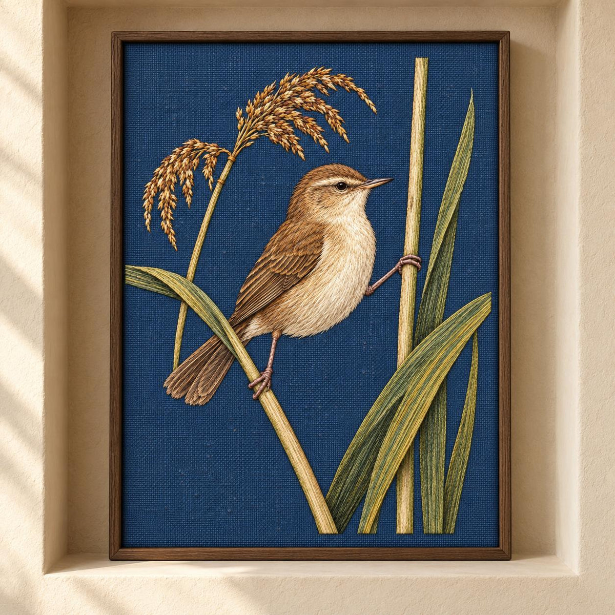 Reed Warbler on the Split Sedge visual mockup shown as a framed textile in a gallery niche, with the design on muted blue linen.