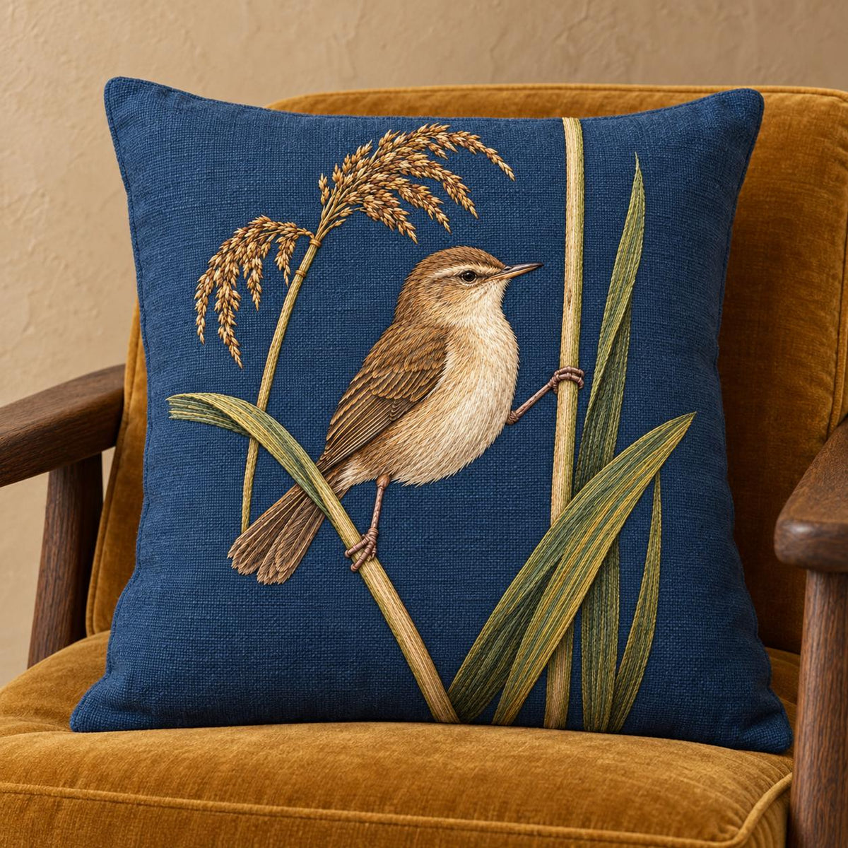 Reed Warbler on the Split Sedge visual mockup shown on a cushion in a lounge chair, with the design on muted blue linen.