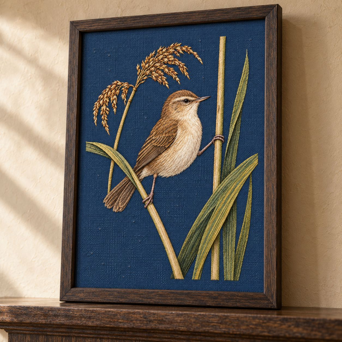Reed Warbler on the Split Sedge visual mockup shown in a frame leaning on a mantel, with the design on muted blue linen.