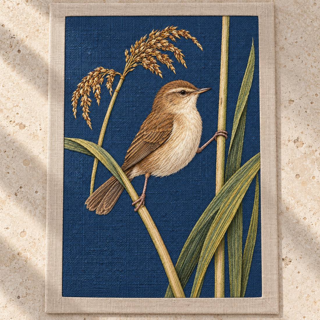 Reed Warbler on the Split Sedge visual mockup shown as a textile panel on a stone platform, with the design on muted blue linen.