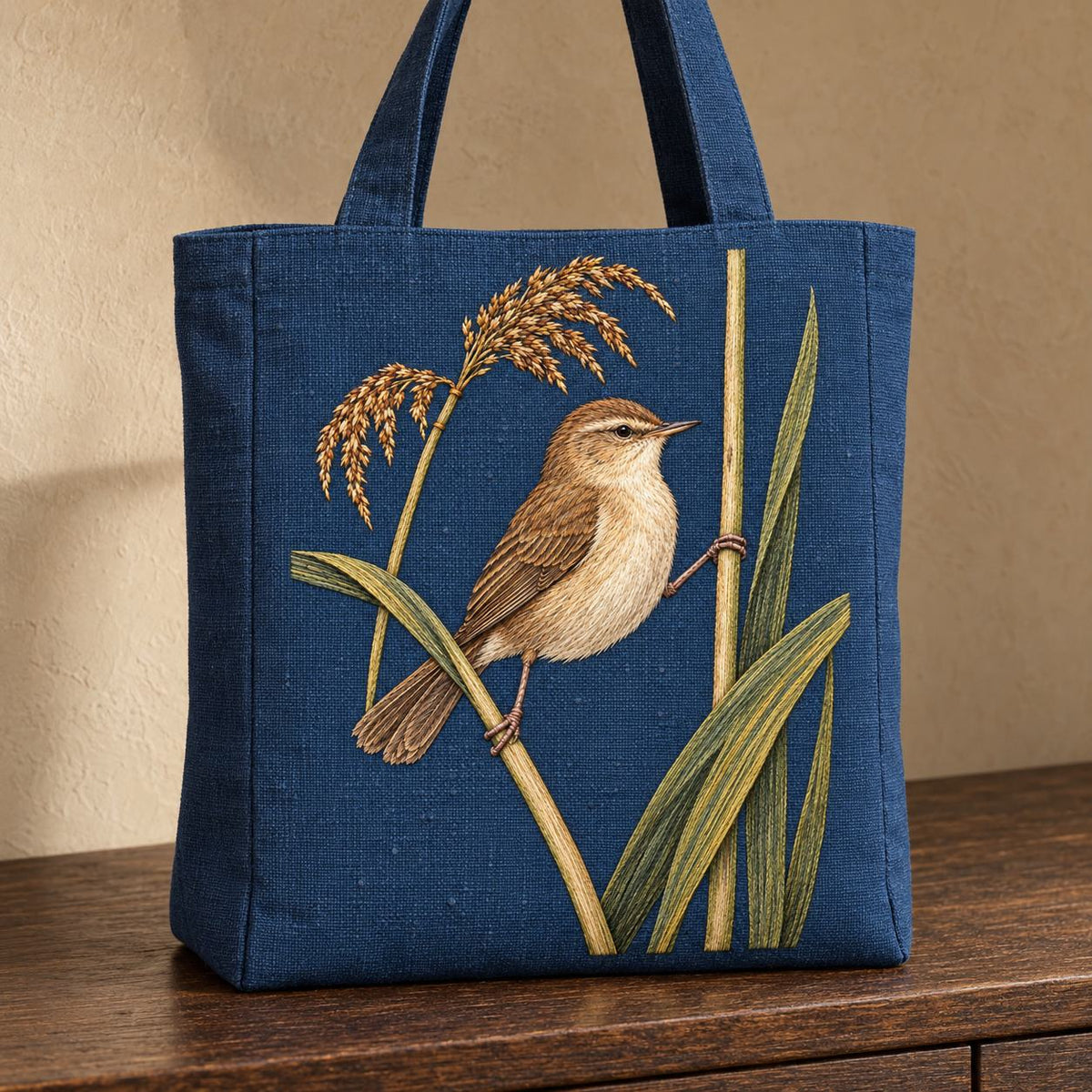 Reed Warbler on the Split Sedge visual mockup shown on the front of a structured linen tote, with the design on muted blue linen.