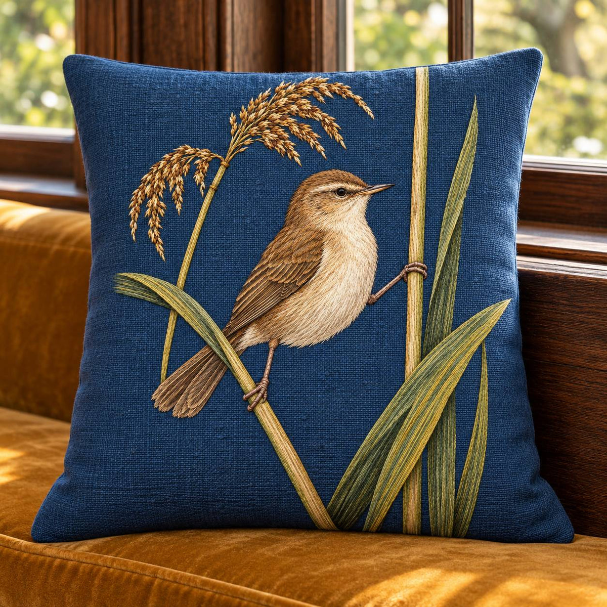 Reed Warbler on the Split Sedge visual mockup shown on a cushion beside a window, with the design on muted blue linen.