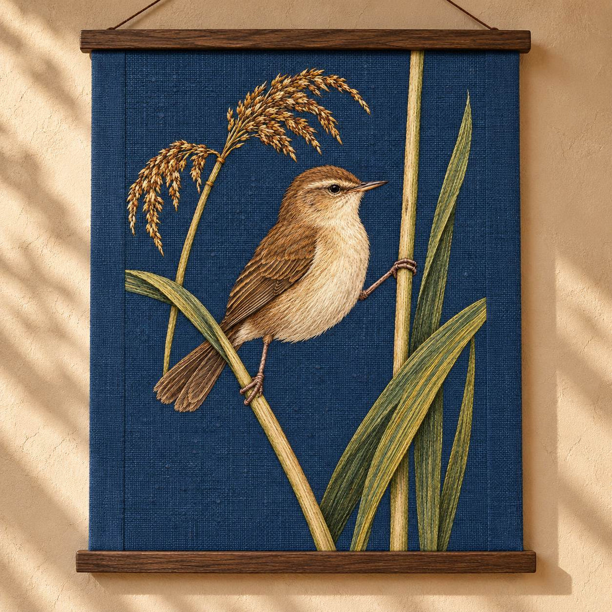 Reed Warbler on the Split Sedge visual mockup shown as a hanging textile held by wooden rails, with the design on muted blue linen.