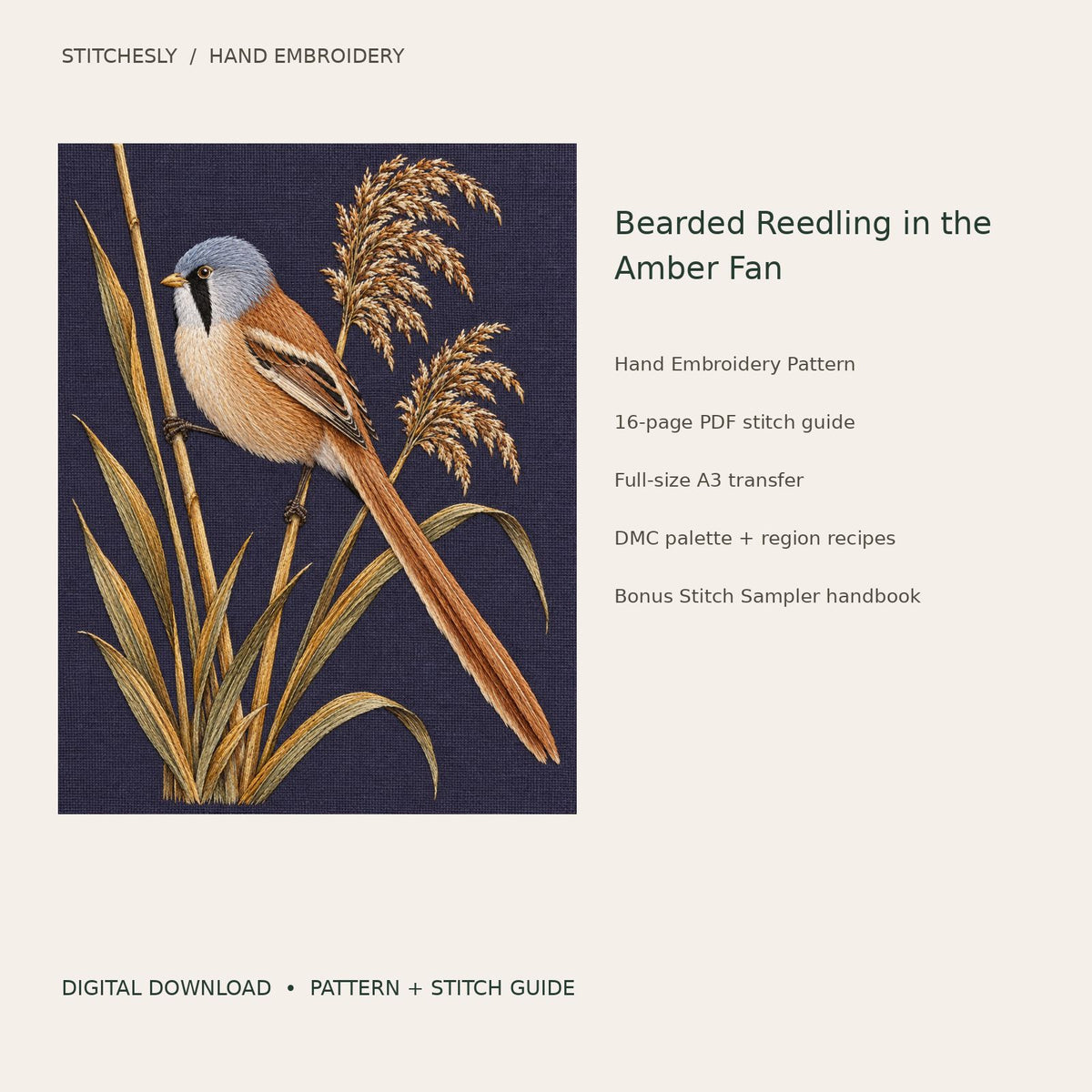 Bearded Reedling in the Amber Fan: digital hand embroidery pattern cover with artwork and included files