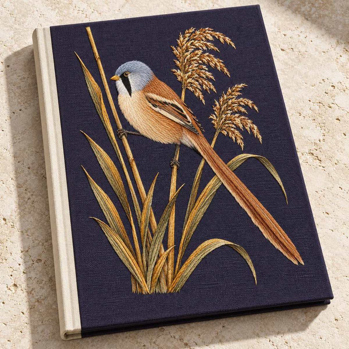 Bearded Reedling in the Amber Fan visual mockup shown on a cloth portfolio cover, with the design on deep plum linen.