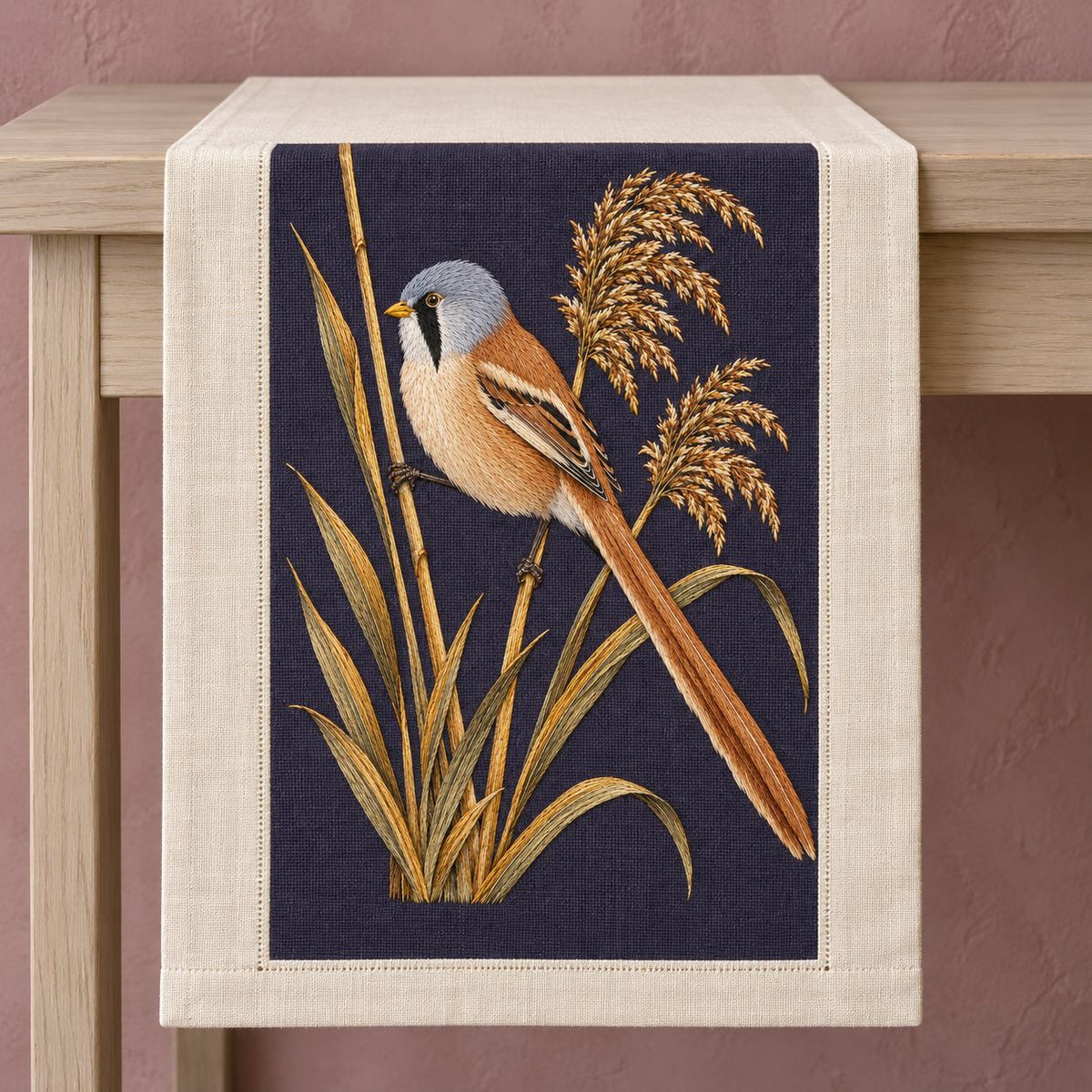Bearded Reedling in the Amber Fan visual mockup shown on a textile runner over a console, with the design on deep plum linen.