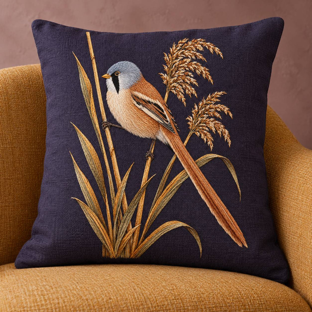 Bearded Reedling in the Amber Fan visual mockup shown on a cushion in a lounge chair, with the design on deep plum linen.