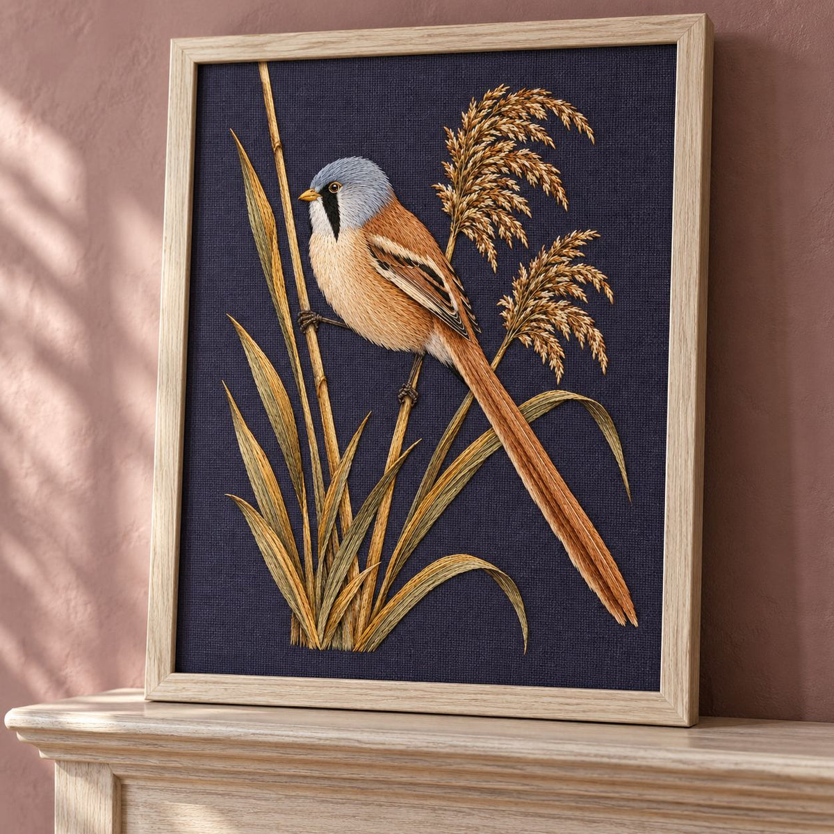 Bearded Reedling in the Amber Fan visual mockup shown in a frame leaning on a mantel, with the design on deep plum linen.