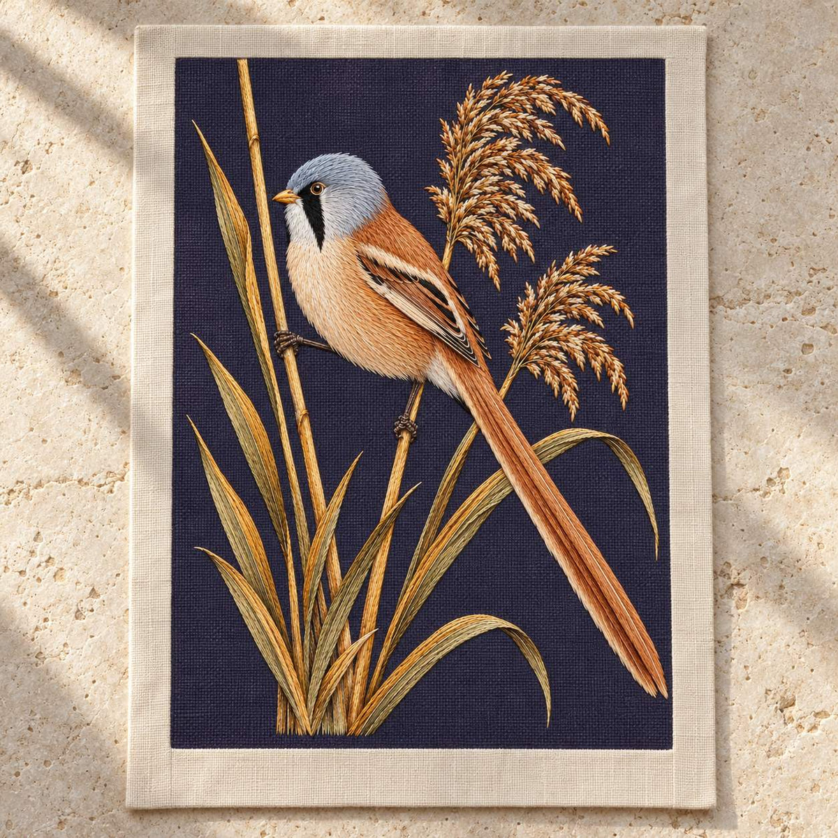 Bearded Reedling in the Amber Fan visual mockup shown as a textile panel on a stone platform, with the design on deep plum linen.