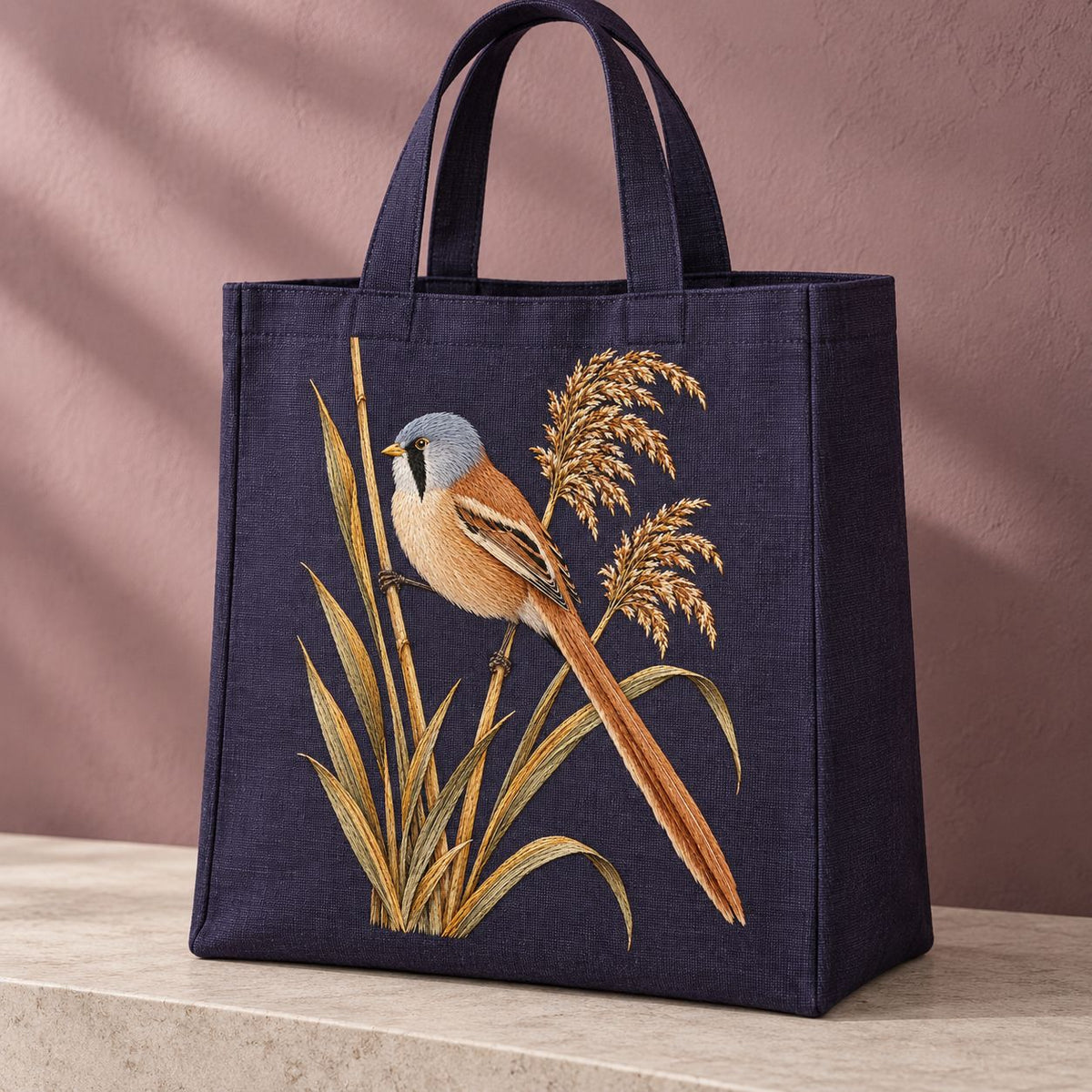 Bearded Reedling in the Amber Fan visual mockup shown on the front of a structured linen tote, with the design on deep plum linen.