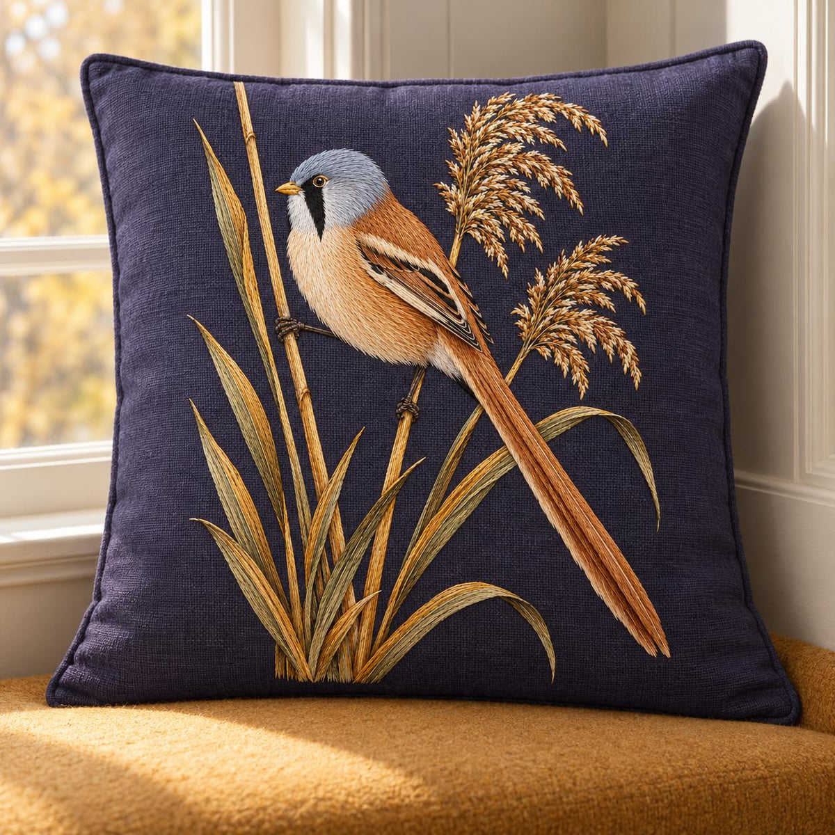 Bearded Reedling in the Amber Fan visual mockup shown on a cushion beside a window, with the design on deep plum linen.