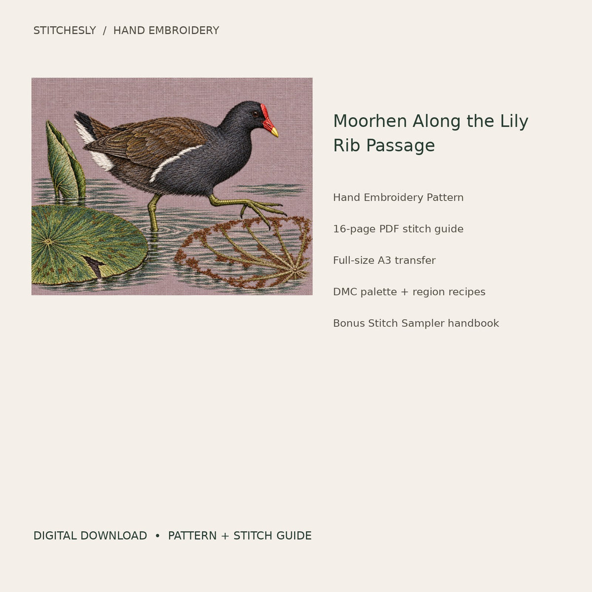 Moorhen Along the Lily Rib Passage: digital hand embroidery pattern cover with artwork and included files