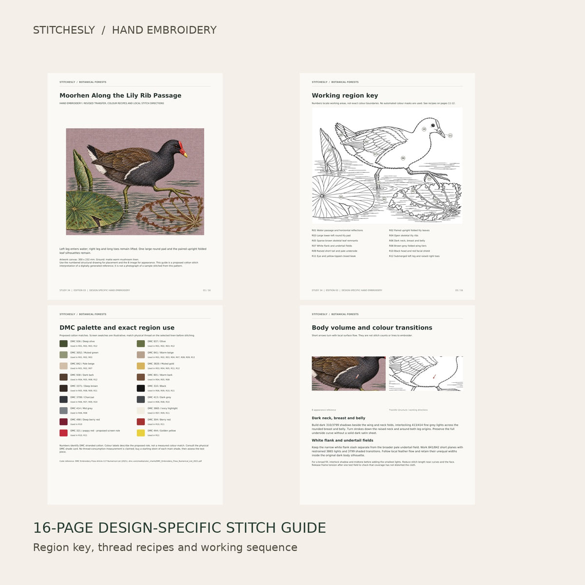 Moorhen Along the Lily Rib Passage: preview of the 16-page stitch guide, region key, DMC palette and stitching instructions