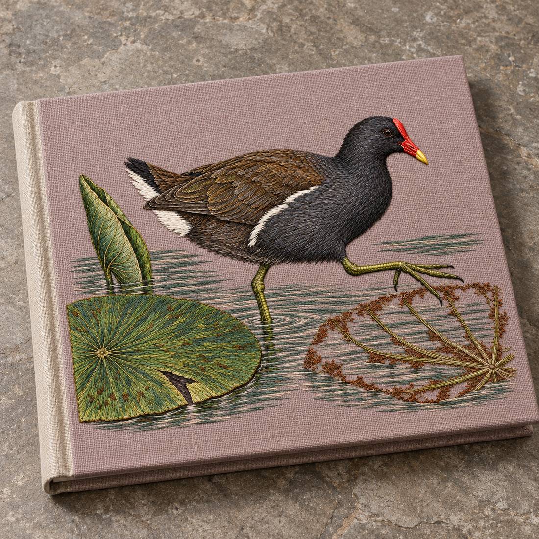 Moorhen Along the Lily Rib Passage visual mockup shown on a cloth portfolio cover, with the design on warm mushroom linen.