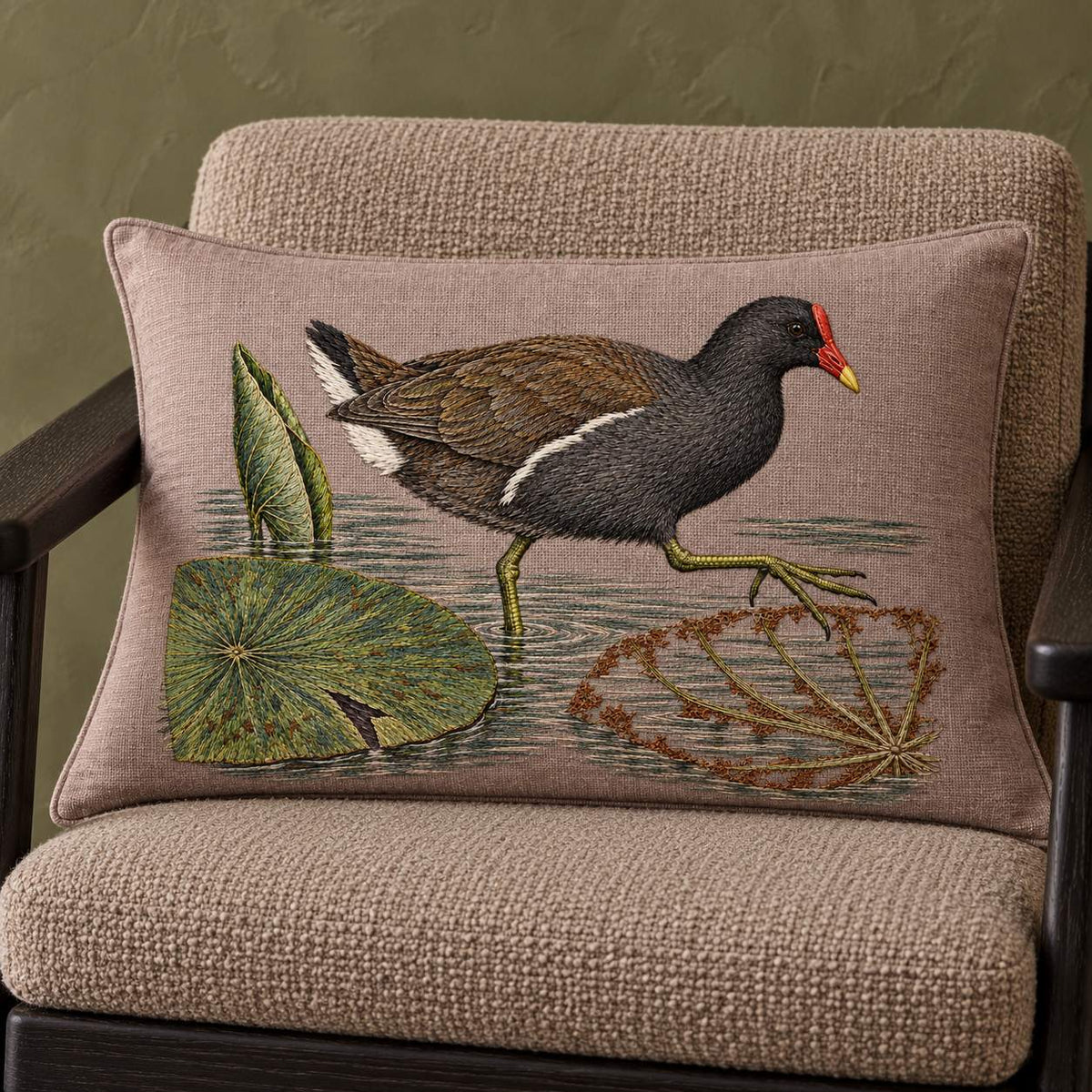Moorhen Along the Lily Rib Passage visual mockup shown on a cushion in a lounge chair, with the design on warm mushroom linen.