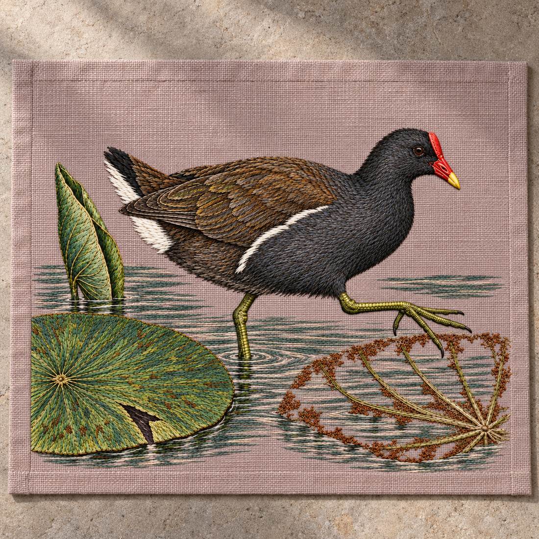 Moorhen Along the Lily Rib Passage visual mockup shown as a textile panel on a stone platform, with the design on warm mushroom linen.