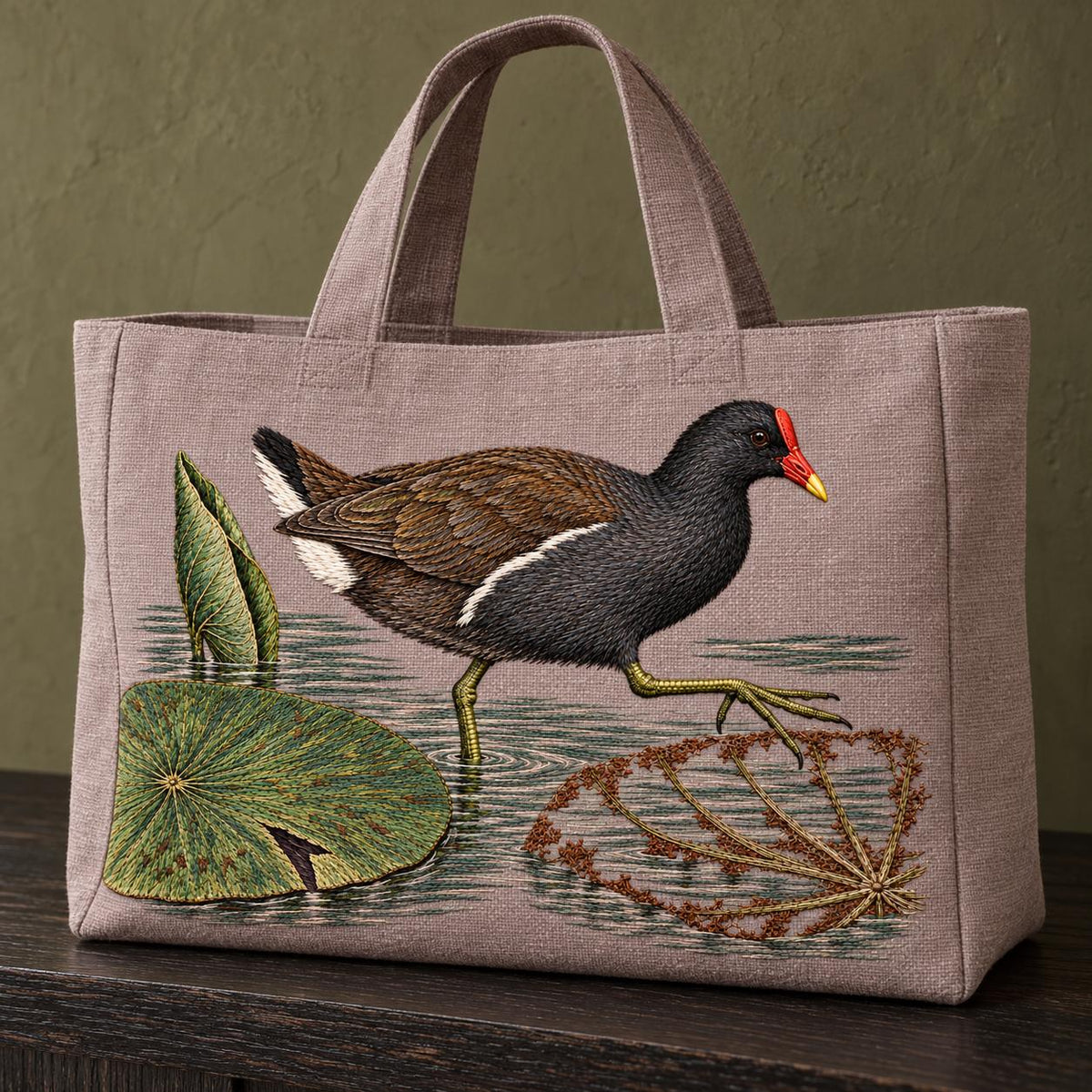 Moorhen Along the Lily Rib Passage visual mockup shown on the front of a structured linen tote, with the design on warm mushroom linen.
