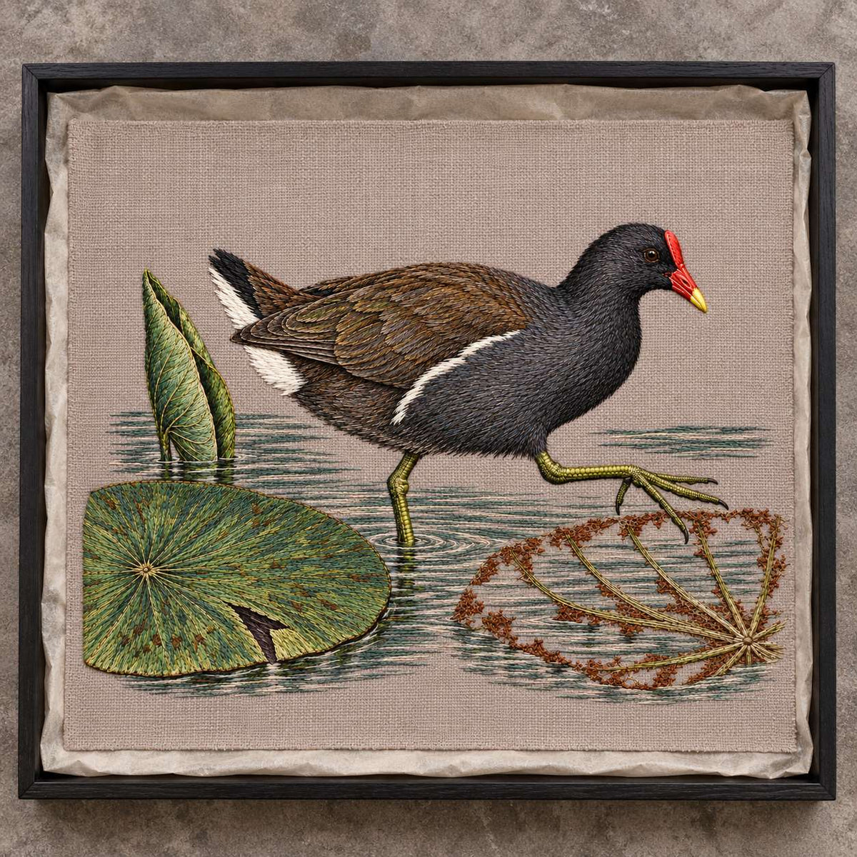 Moorhen Along the Lily Rib Passage visual mockup shown as a textile panel in a collection tray, with the design on warm mushroom linen.