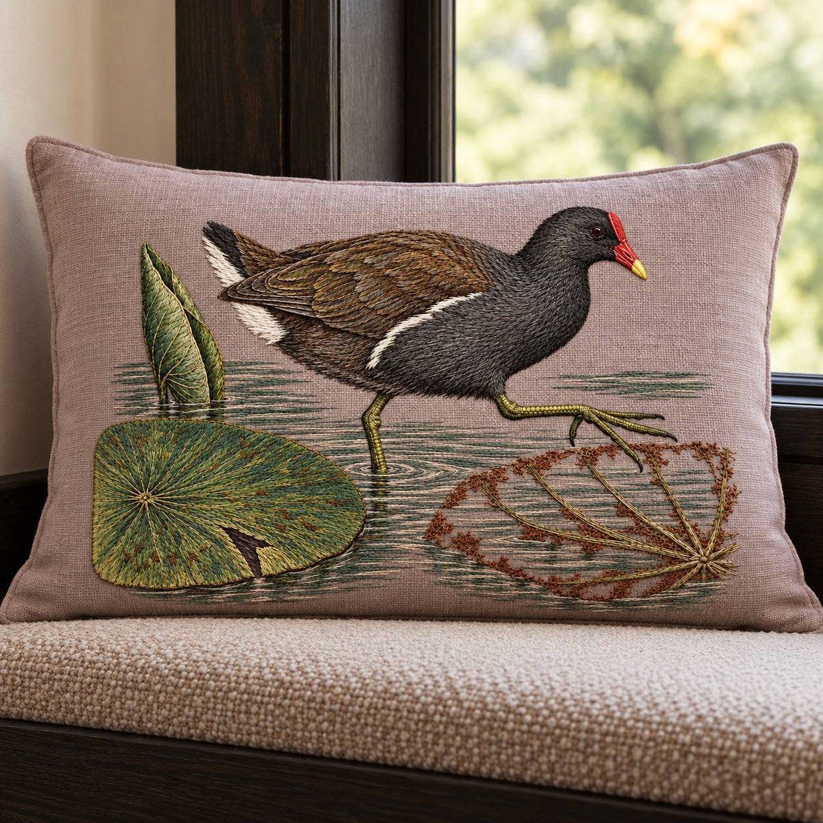 Moorhen Along the Lily Rib Passage visual mockup shown on a cushion beside a window, with the design on warm mushroom linen.