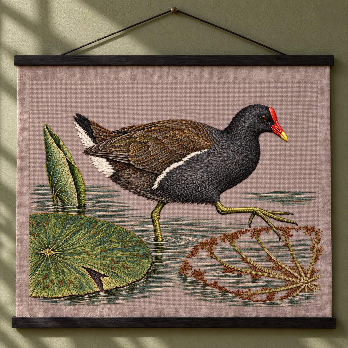 Moorhen Along the Lily Rib Passage visual mockup shown as a hanging textile held by wooden rails, with the design on warm mushroom linen.