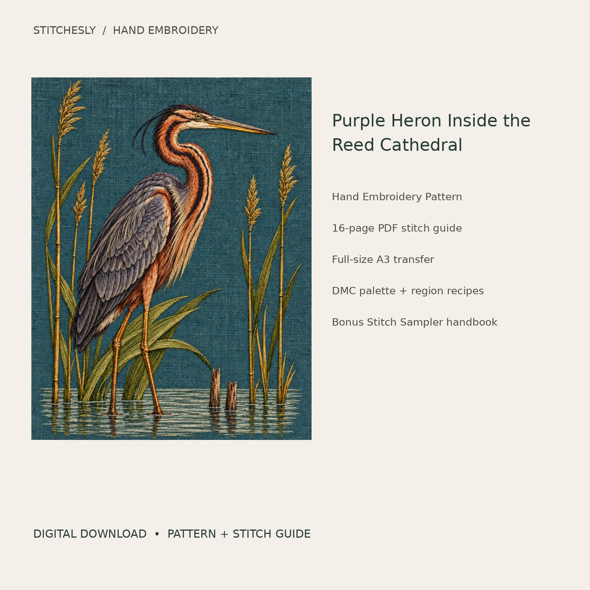 Purple Heron Inside the Reed Cathedral: digital hand embroidery pattern cover with artwork and included files
