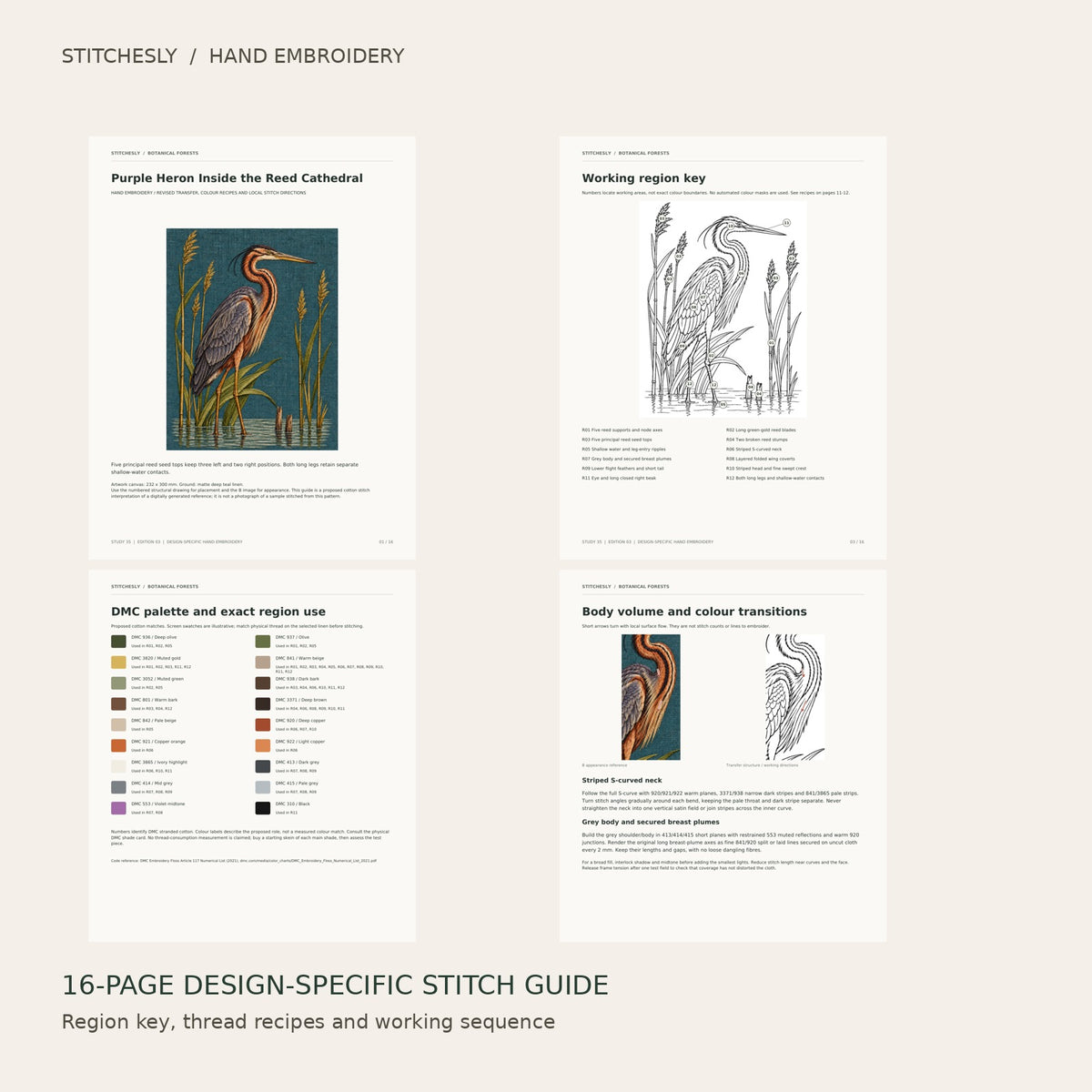 Purple Heron Inside the Reed Cathedral: preview of the 16-page stitch guide, region key, DMC palette and stitching instructions