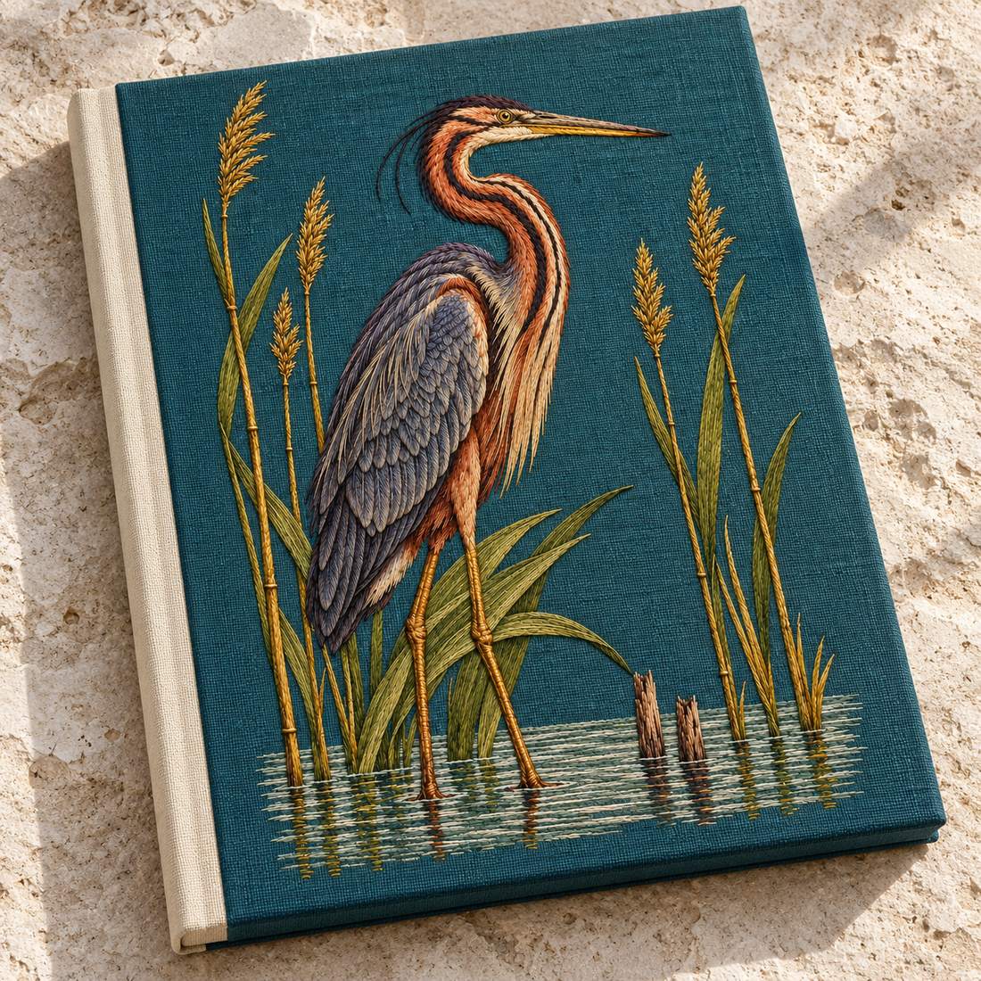 Purple Heron Inside the Reed Cathedral visual mockup shown on a cloth portfolio cover, with the design on deep teal linen.