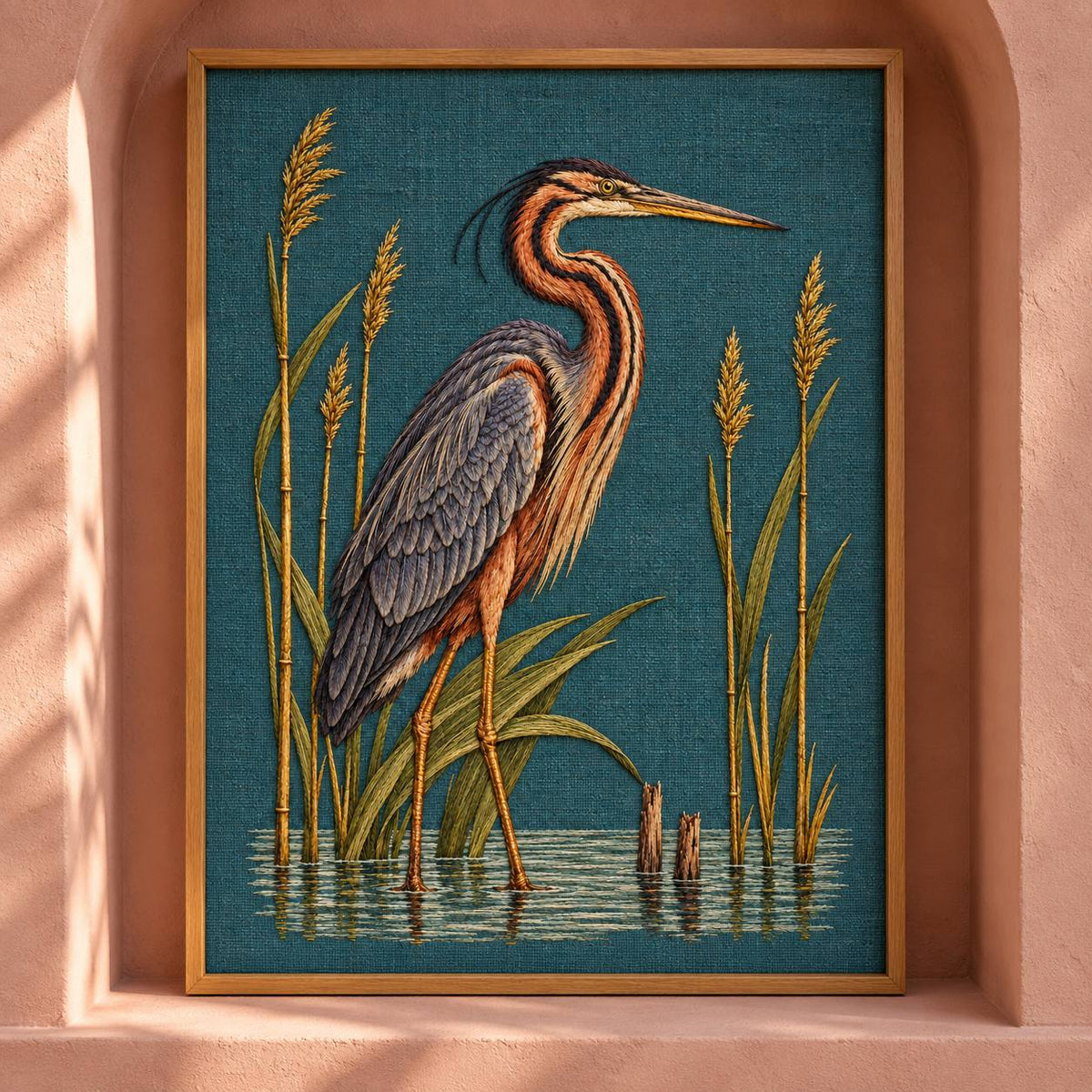 Purple Heron Inside the Reed Cathedral visual mockup shown as a framed textile in a gallery niche, with the design on deep teal linen.