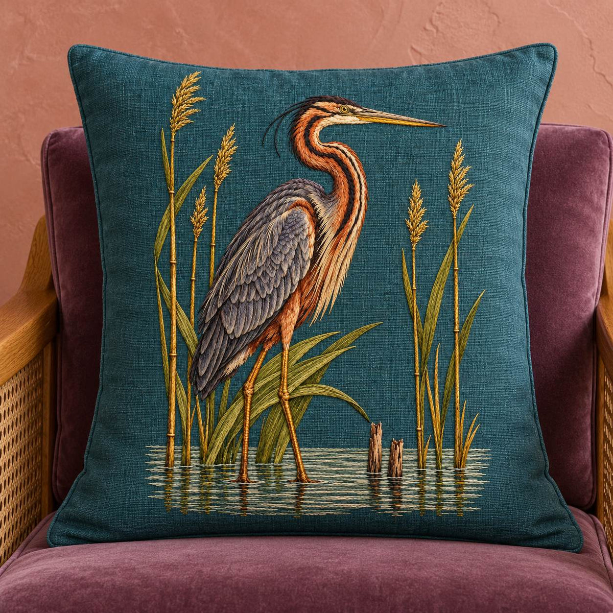 Purple Heron Inside the Reed Cathedral visual mockup shown on a cushion in a lounge chair, with the design on deep teal linen.