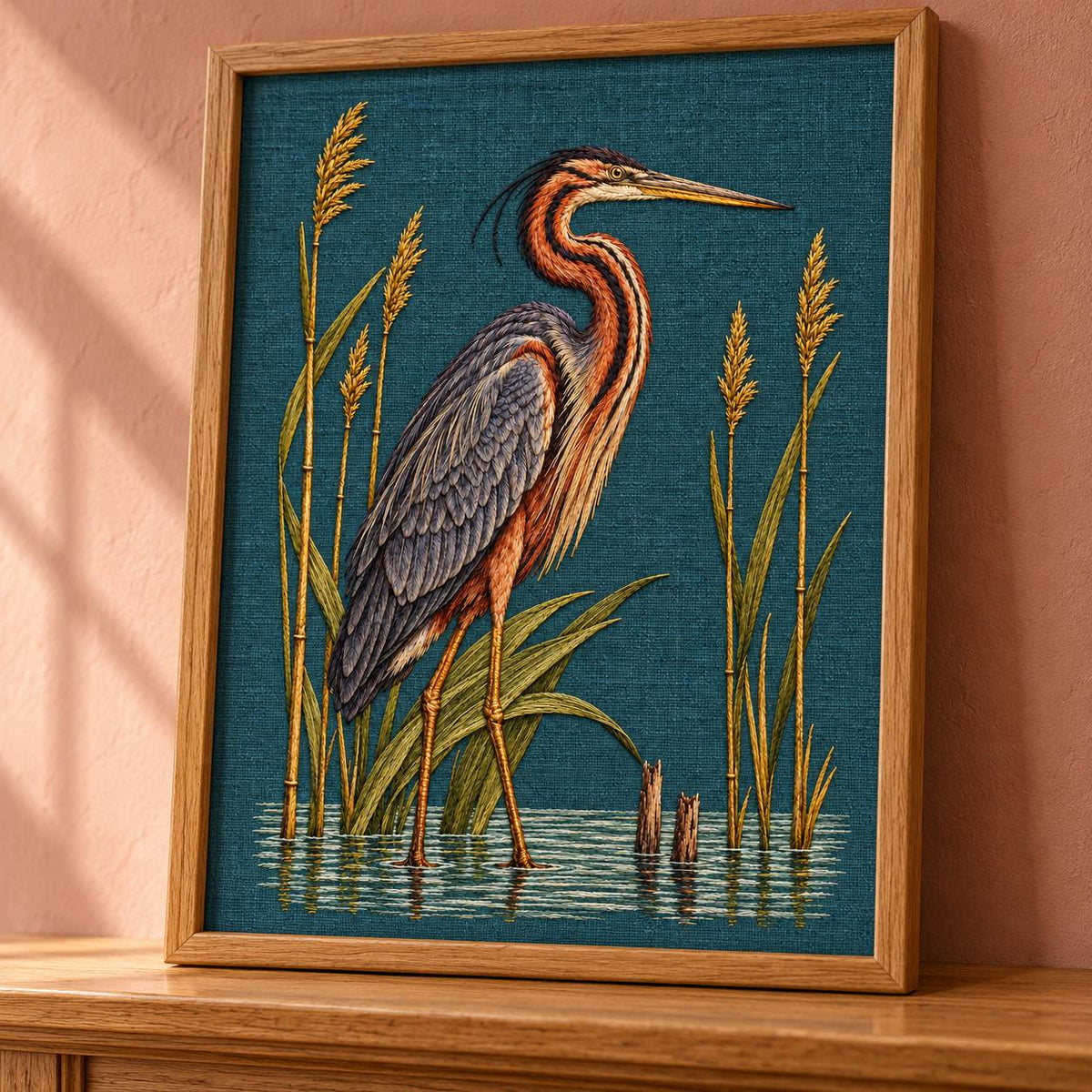 Purple Heron Inside the Reed Cathedral visual mockup shown in a frame leaning on a mantel, with the design on deep teal linen.