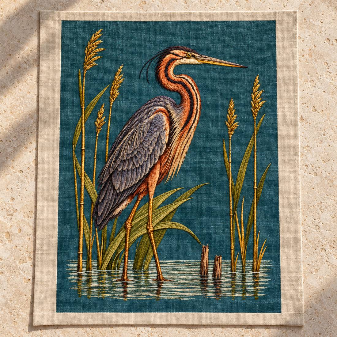 Purple Heron Inside the Reed Cathedral visual mockup shown as a textile panel on a stone platform, with the design on deep teal linen.