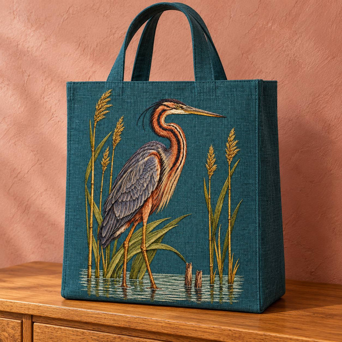 Purple Heron Inside the Reed Cathedral visual mockup shown on the front of a structured linen tote, with the design on deep teal linen.
