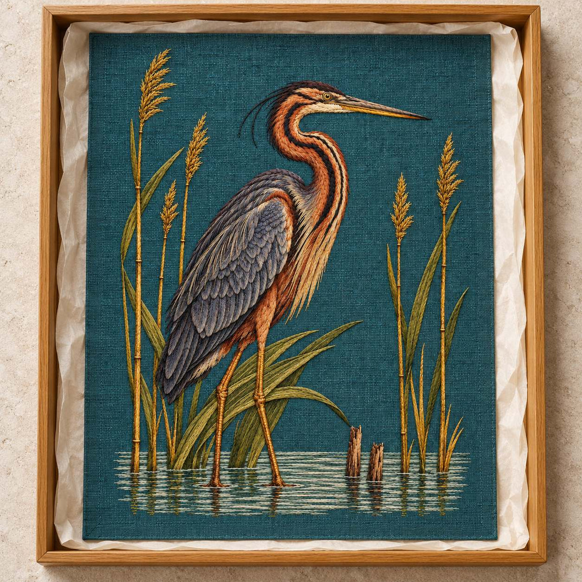 Purple Heron Inside the Reed Cathedral visual mockup shown as a textile panel in a collection tray, with the design on deep teal linen.