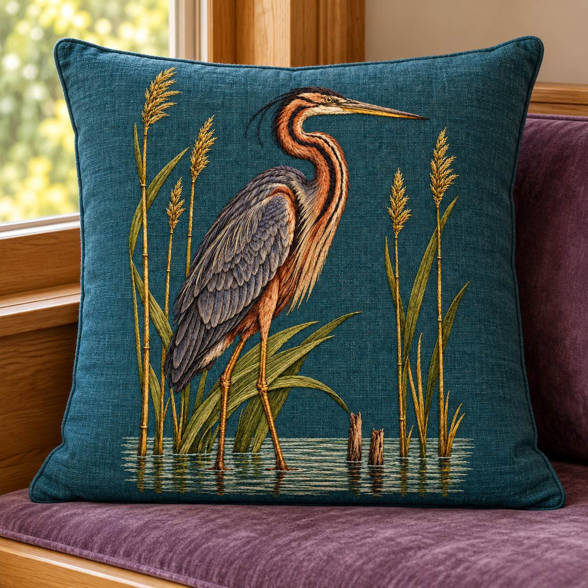 Purple Heron Inside the Reed Cathedral visual mockup shown on a cushion beside a window, with the design on deep teal linen.